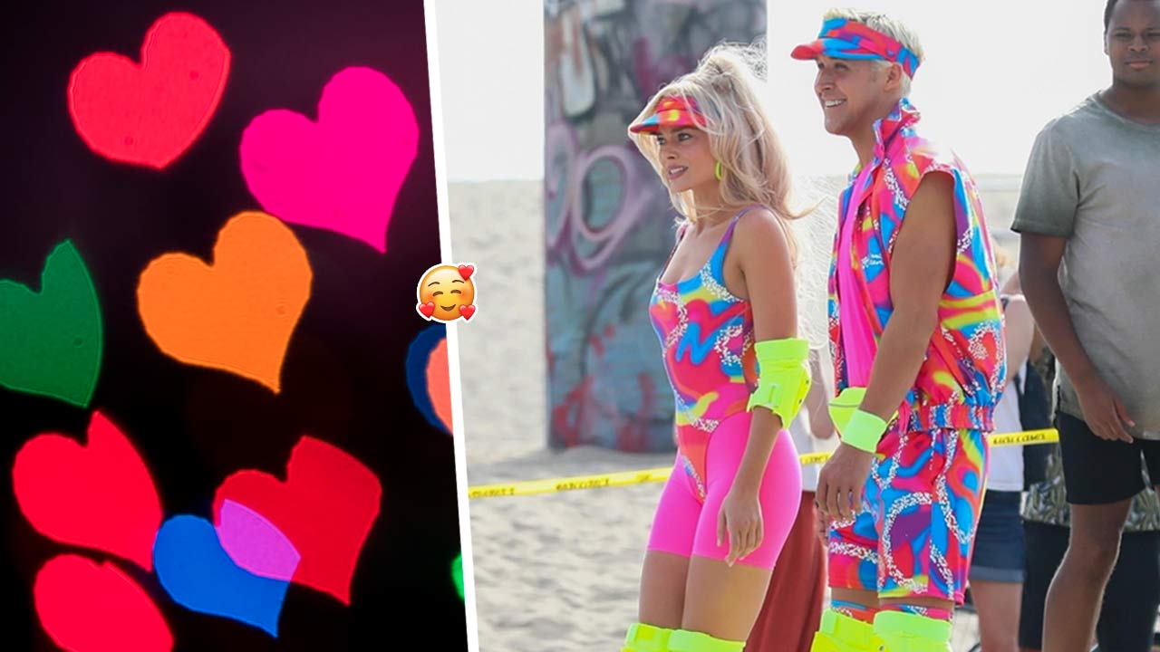 Райан Гослинг и  Питательные масла и сыворотки для лица Марго Робби надели ролики для «Барби». В ярких нарядах похожи на пару на одной волне